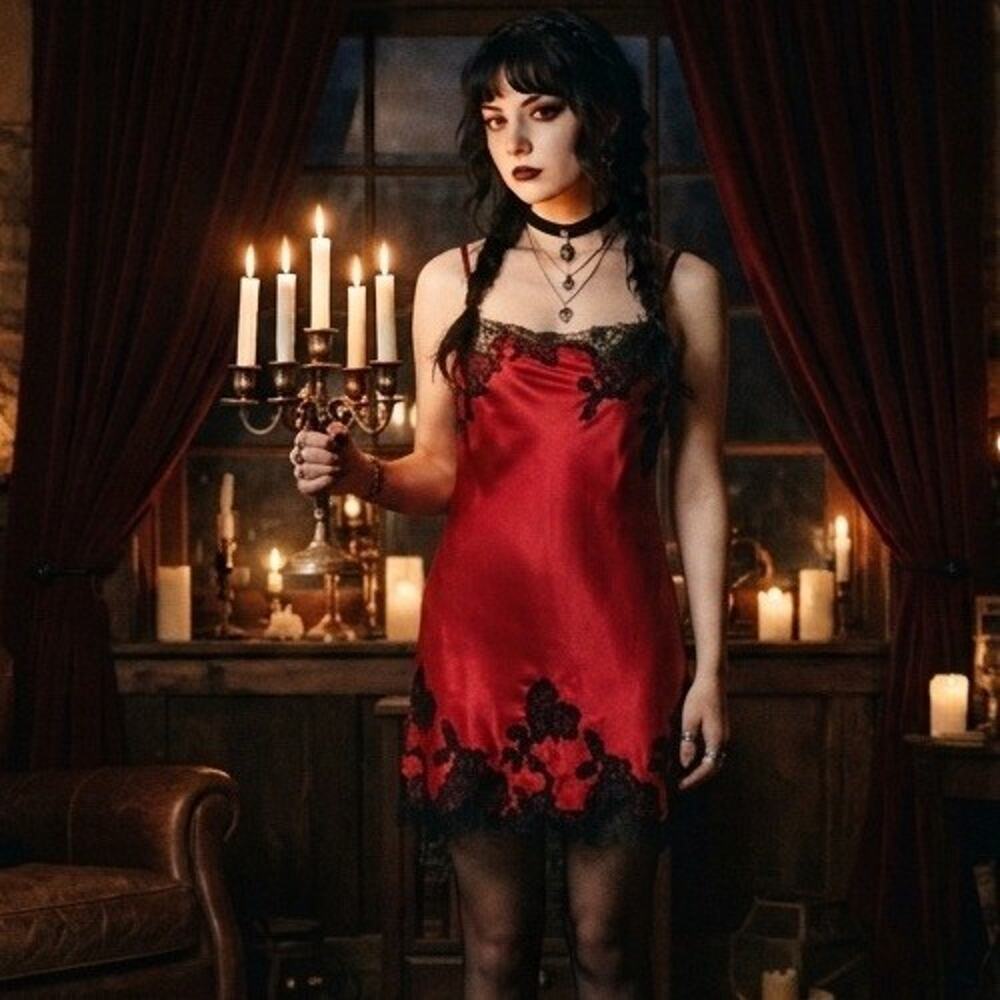 Victorias Secret Red Satin Lace Chemise Slip Dress Nightgown Small EUC Vampy